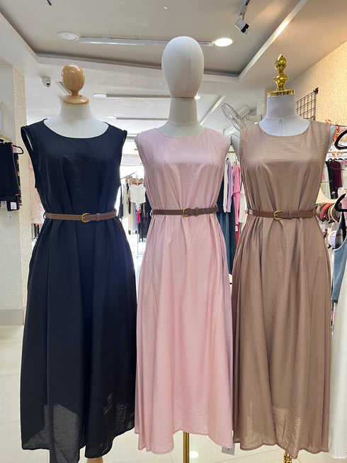 Summer Round Neck Casual Pocket Dress With Belt